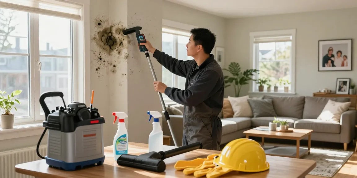 Mold Remediation West Vancouver technician inspecting for hidden mold in a cozy living room