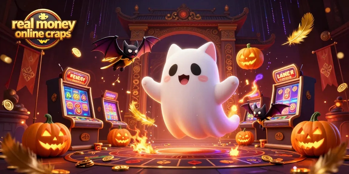 Play real money online craps in a vibrant haunted casino environment with magical figures.
