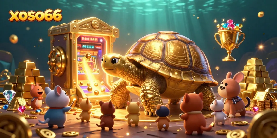 Experience the excitement of xoso66 with golden turtles and treasure in a vibrant casino scene.