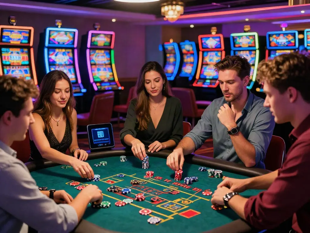 Best Crypto Casino in Canada 2026 scene with friends enjoying a lively roulette game in a neon-lit casino.