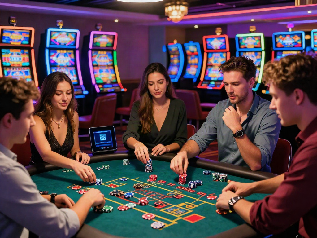 Best Crypto Casino in Canada 2026 scene with friends enjoying a lively roulette game in a neon-lit casino.
