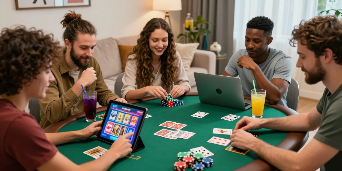 Friends enjoying online gambling activities, showcasing gambleonline excitement in a cozy living room setting.