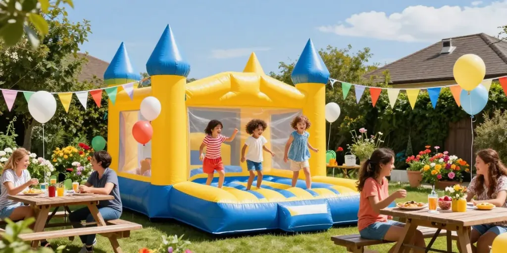 Children playing happily in an inflatable castle at a backyard party filled with decorations.