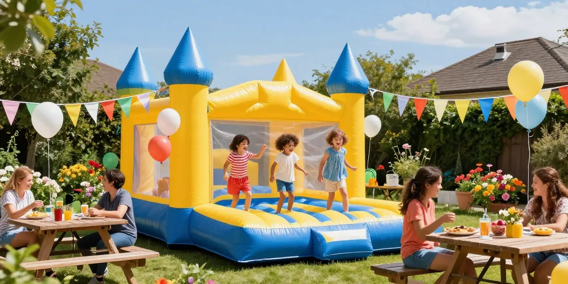 Children playing happily in an inflatable castle at a backyard party filled with decorations.