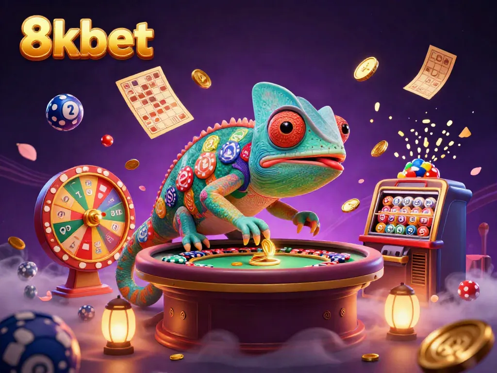 Experience thrilling gameplay with 8xbet as a chameleon casino owner captures coins in a lively scene.