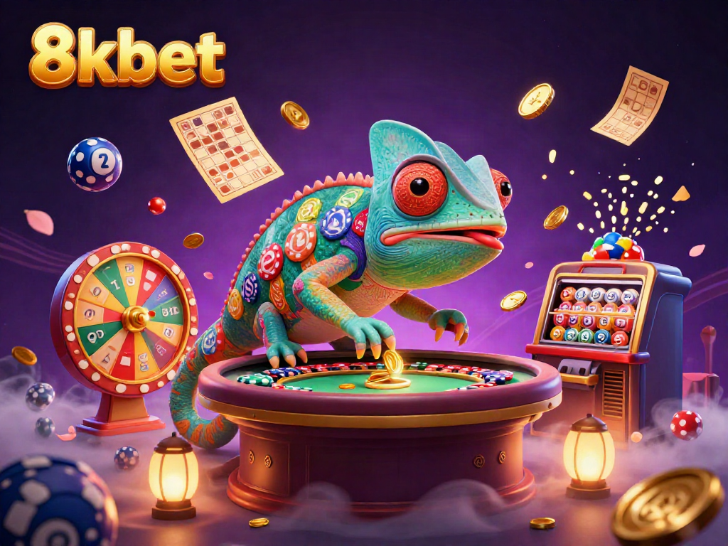 Experience thrilling gameplay with 8xbet as a chameleon casino owner captures coins in a lively scene.