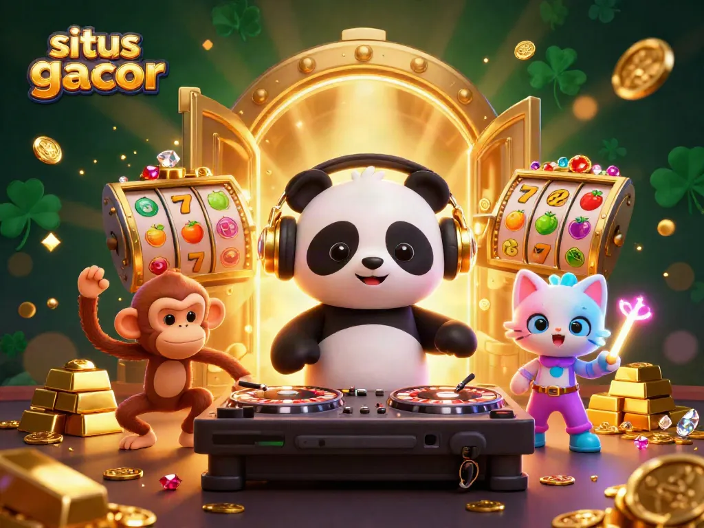 Merayakan kemenangan di situs slot gacor dengan DJ panda dan teman-teman dalam suasana ceria dan berkilau.