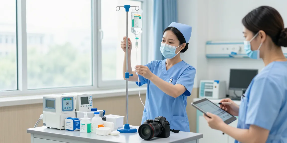IV supplies preparation by a nurse in a clean hospital setting.