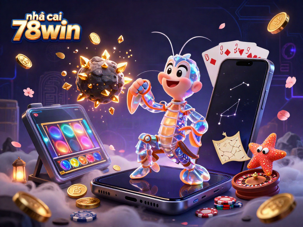 Experience thrilling gameplay with nhà cái 78win in this vibrant 3D illustration of online casino elements.