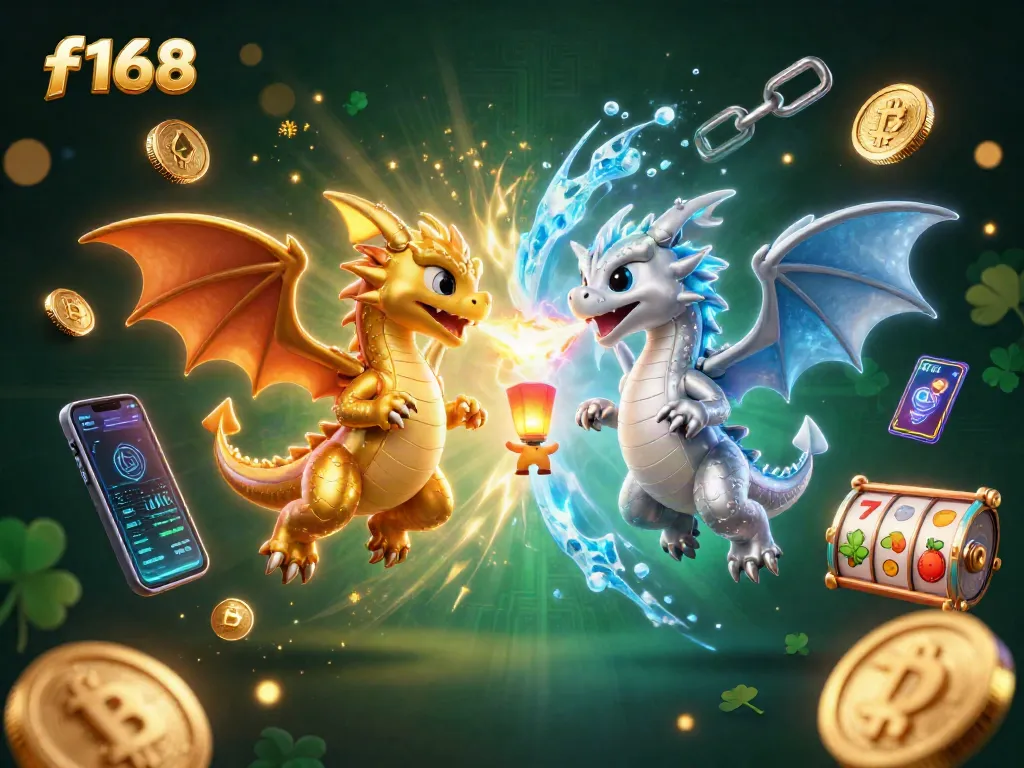 Engage with f168's exciting slots featuring dragons and crypto elements in a vibrant 3D illustration.