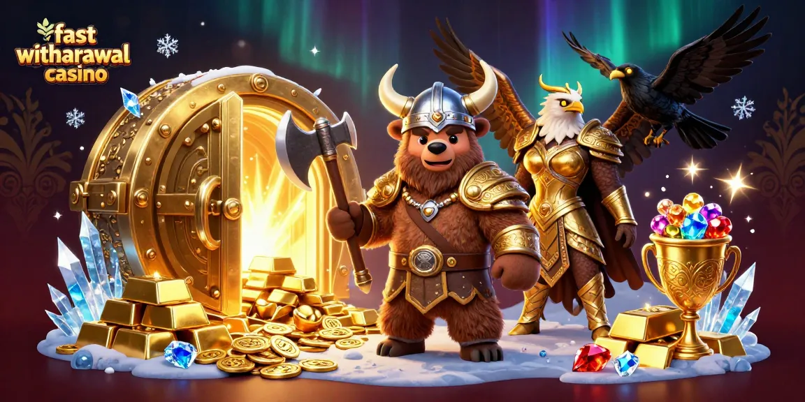 Experience the thrill at a fast withdrawal casino with a Viking bear and Valkyrie eagle surrounded by treasures.