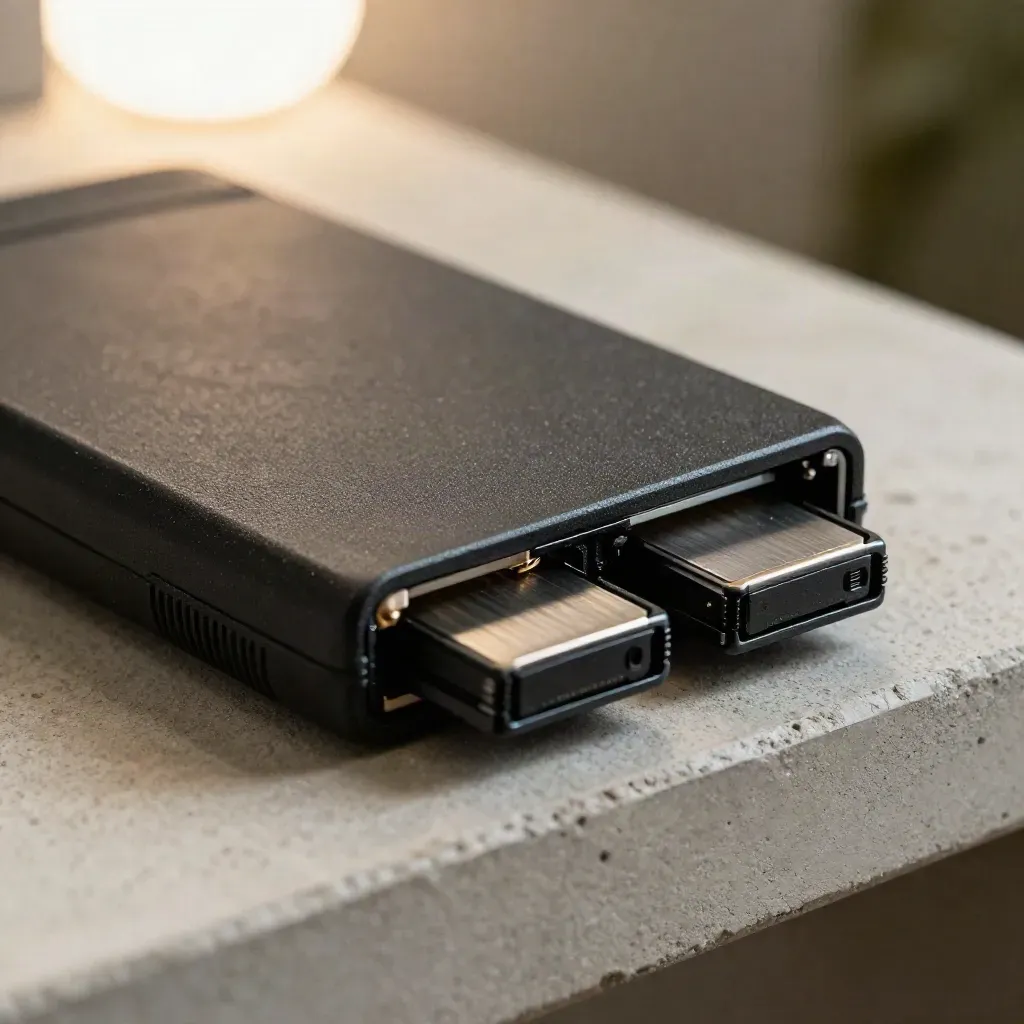 Open rugged SSD with two backup cartridges on a pale concrete shelf.