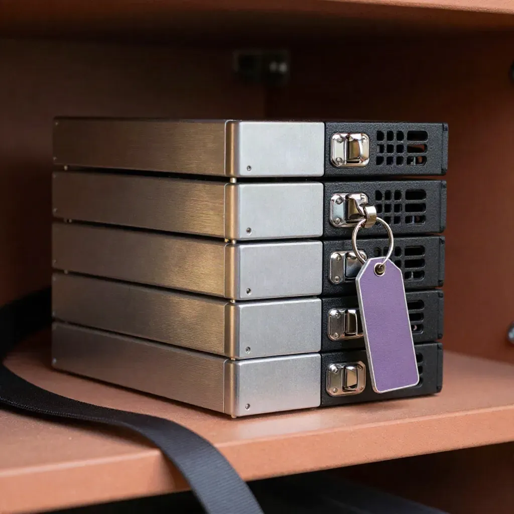 NAS drives, lockable case, and key ring on terracotta shelf with blurred strap and dark bokeh.
