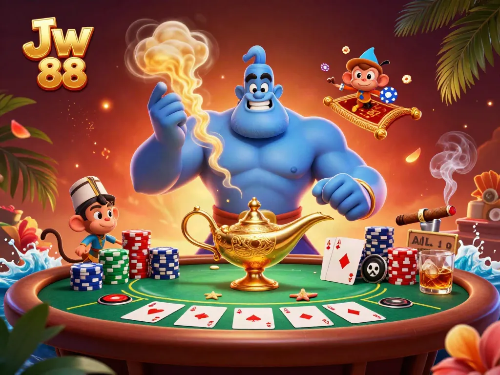 Experience excitement with Jw 88 illustrated by a genie and monkey in a vibrant casino scene.