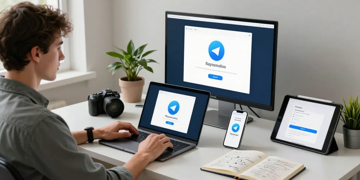 Seamless Telegram download process in a tech workspace with laptop and smartphone.