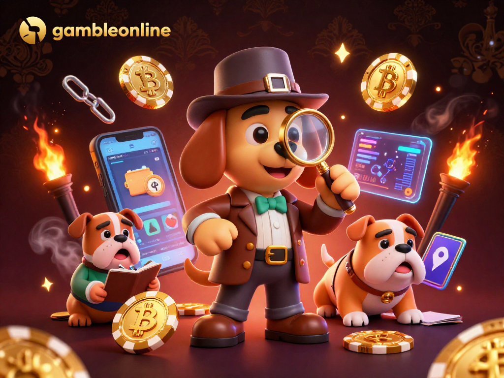 Engaging scene showcasing gambleonline with a detective bloodhound analyzing poker clues amidst crypto elements.