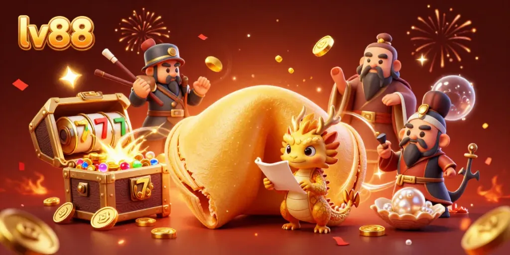 Engage with lv88's thrilling slots experience, showcasing a 3D animated scene of fortune cookie characters amidst vibrant gold treasures.