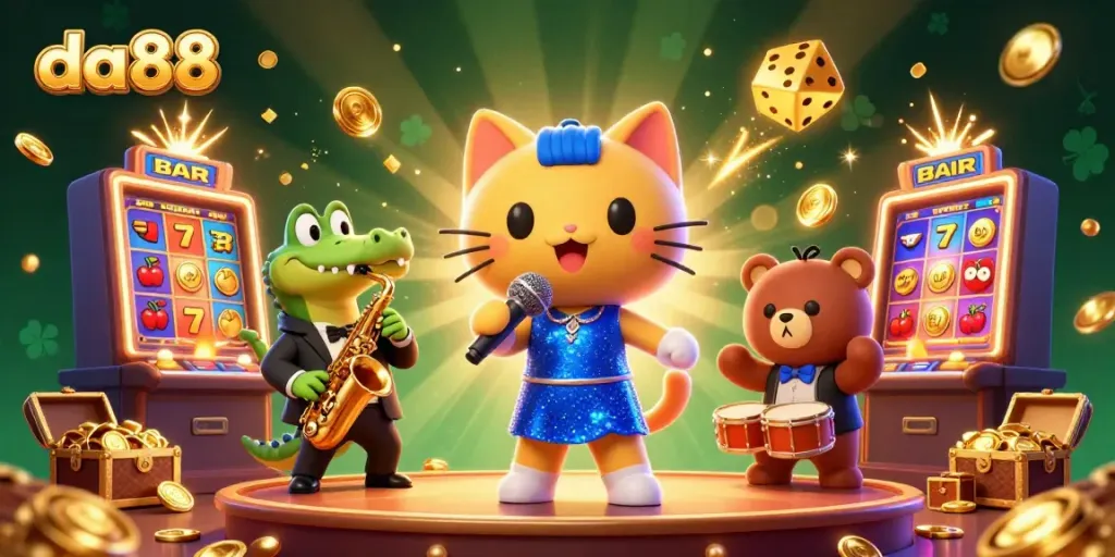 Join the fun at da88 with lively characters and jackpot excitement in a vibrant casino scene.
