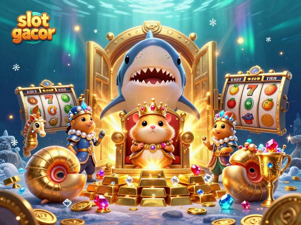 Experience the thrill of slot gacor with a vibrant underwater casino featuring a hamster king and treasures.