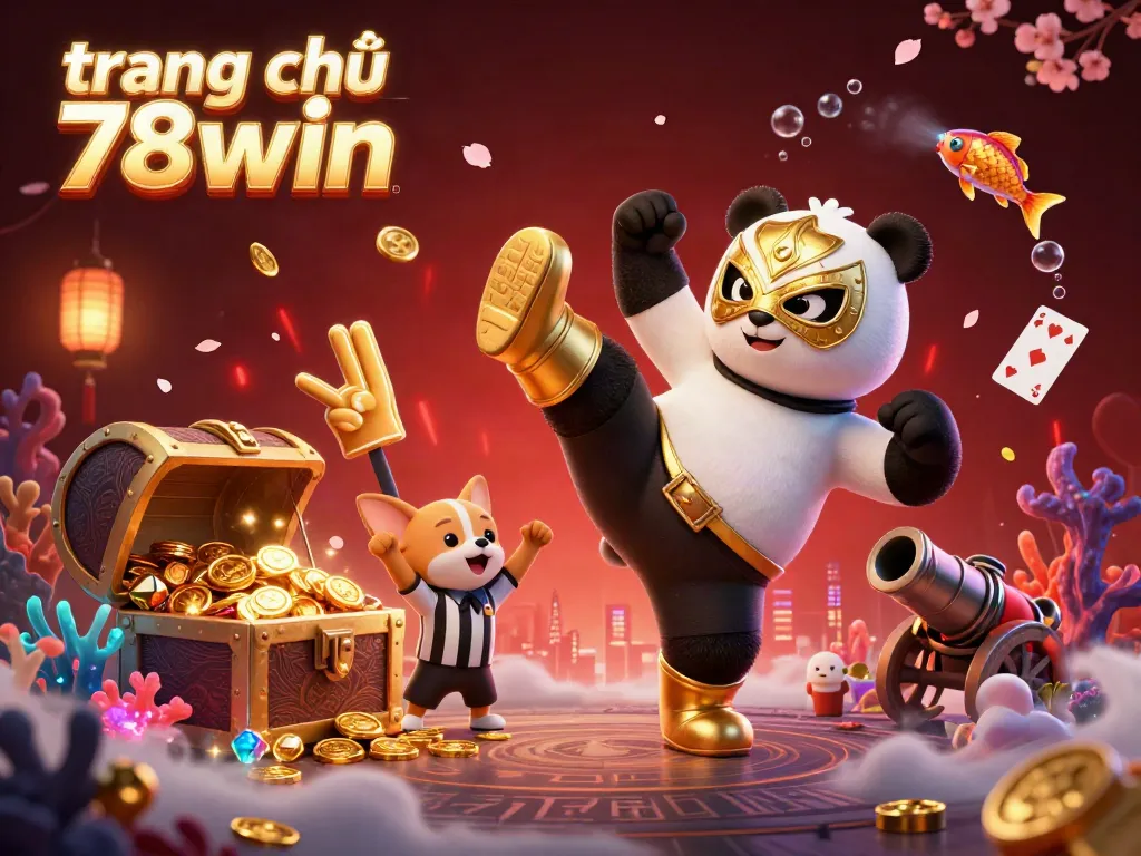 Experience the excitement of gaming on trang chủ 78win with vibrant 3D cartoon illustration featuring a wrestler panda and playful chihuahua in an energetic casino scene.