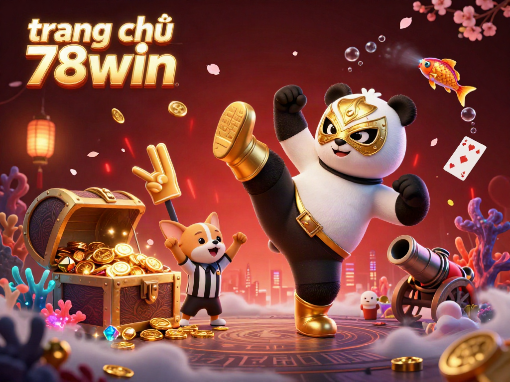 Experience the excitement of gaming on trang chủ 78win with vibrant 3D cartoon illustration featuring a wrestler panda and playful chihuahua in an energetic casino scene.