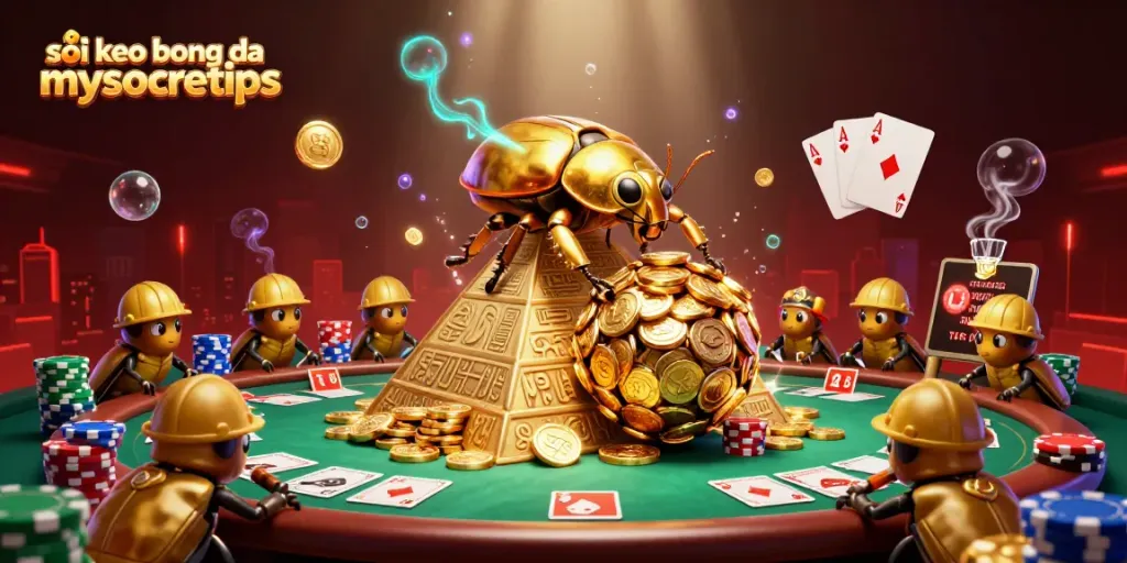 Engaging illustration of soi keo bong da mysoccertips with cartoon beetles rolling golden coin ball and poker themes.
