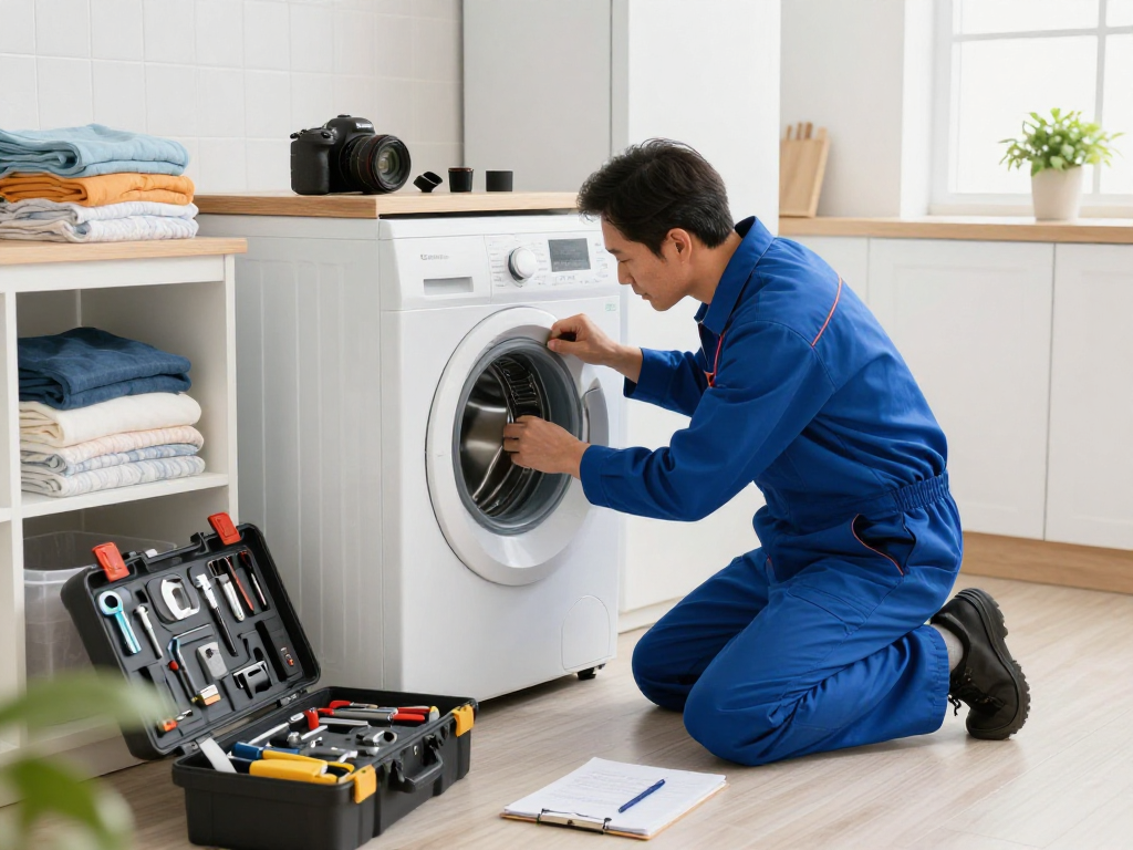 Expert appliance repair in Vaughan with technician focusing on washing machine repair in a bright residential laundry setting.