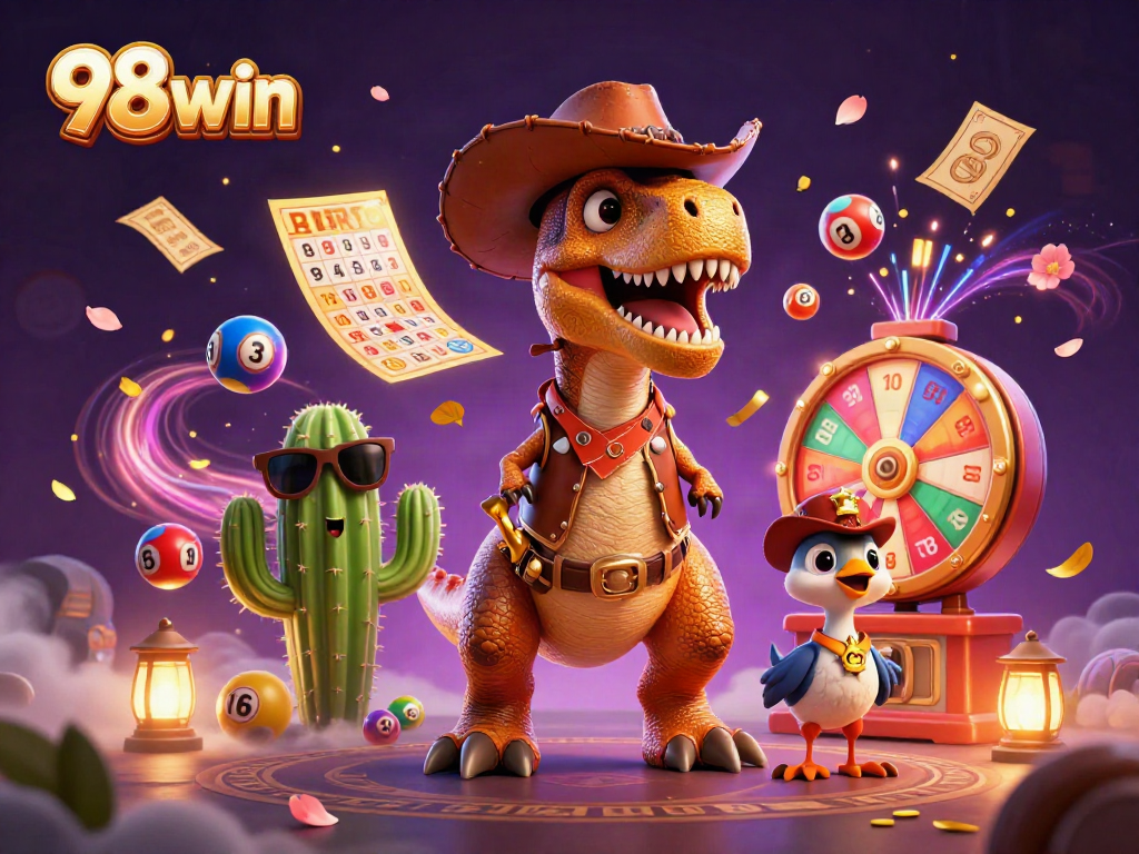 Engage in thrilling gameplay at 98win, featuring a dinosaur and friends surrounded by colorful lottery elements.
