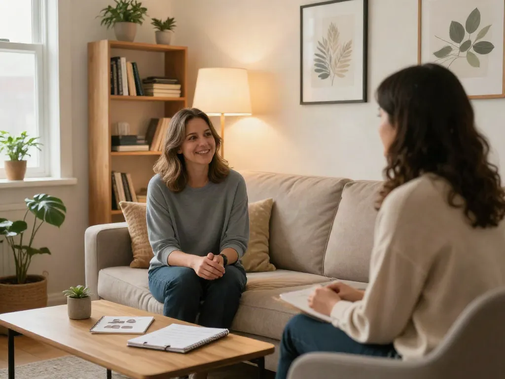 Psychotherapy Haldimand session in a calming therapy room with supportive decor.