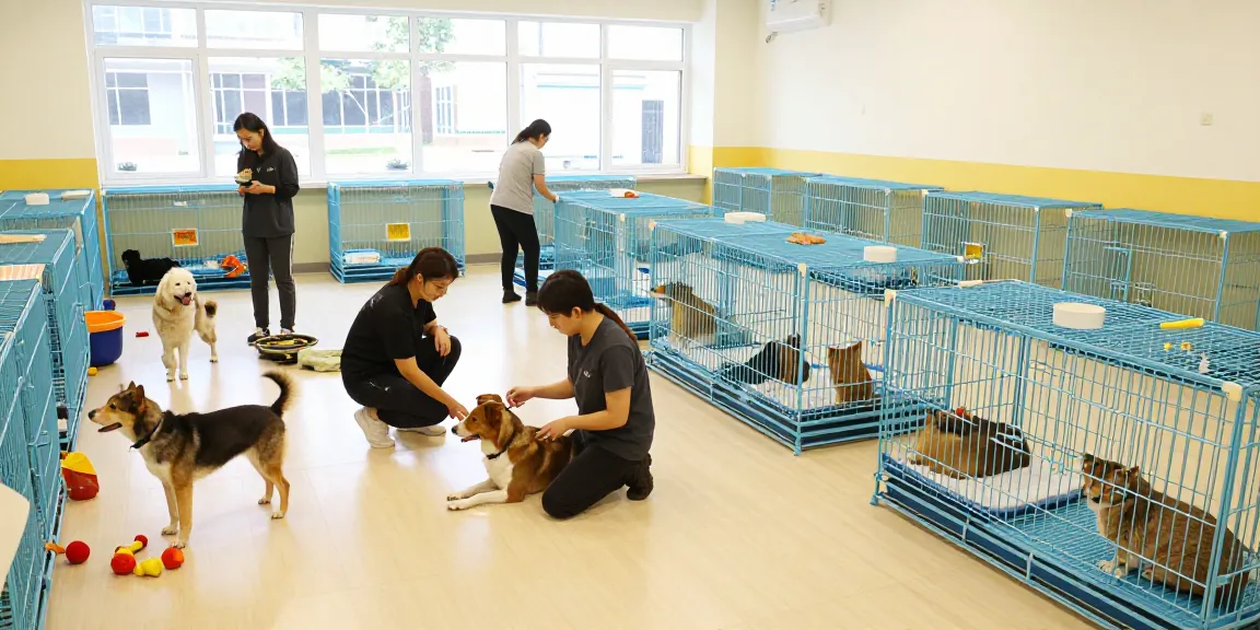 Pet Boarding cages for sale showcasing happy animals in a clean, professional environment.