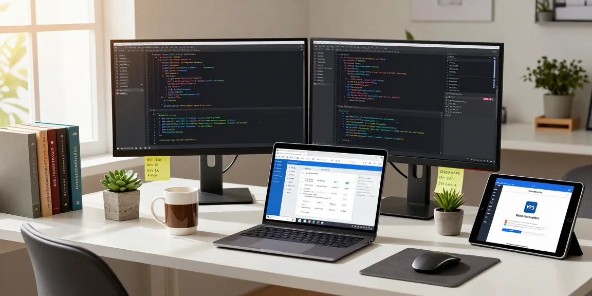 WPS Download workspace with a developer coding at dual monitors, showcasing WPS Office interface.