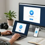 Seamless Telegram download process in a tech workspace with laptop and smartphone.