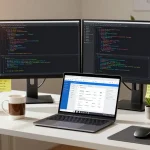WPS Download workspace with a developer coding at dual monitors, showcasing WPS Office interface.