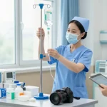 IV supplies preparation by a nurse in a clean hospital setting.