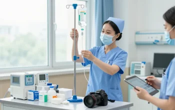 IV supplies preparation by a nurse in a clean hospital setting.