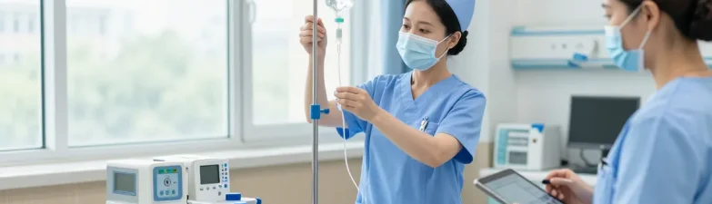 IV supplies preparation by a nurse in a clean hospital setting.