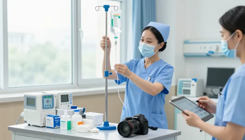 IV supplies preparation by a nurse in a clean hospital setting.